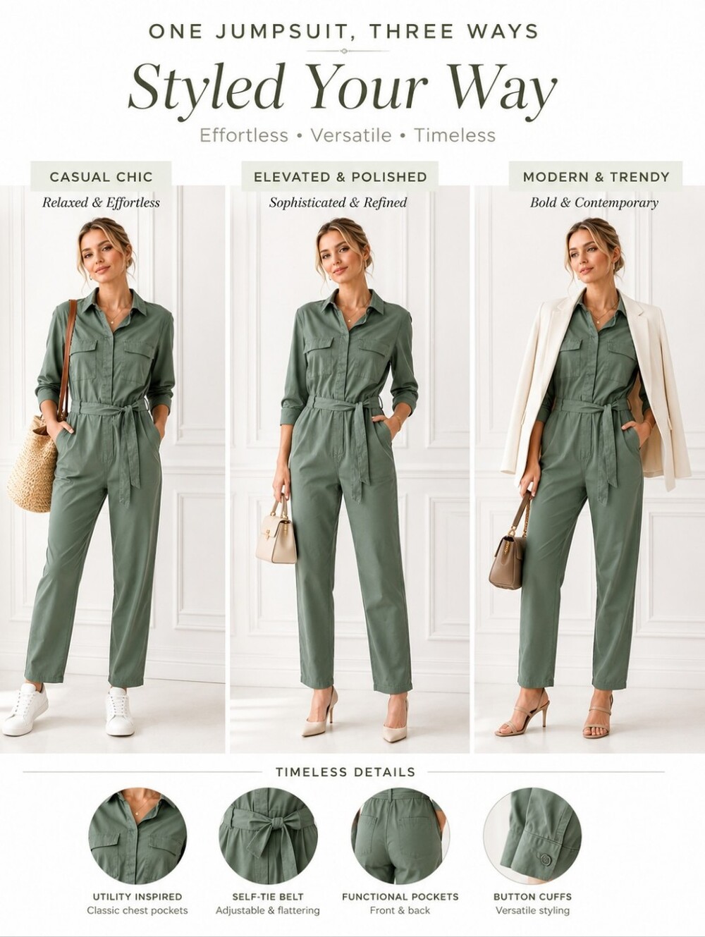Style & Co Olive Green Utility Jumpsuit Belted Long Sleeve Size 8 - Picture 3 of 8
